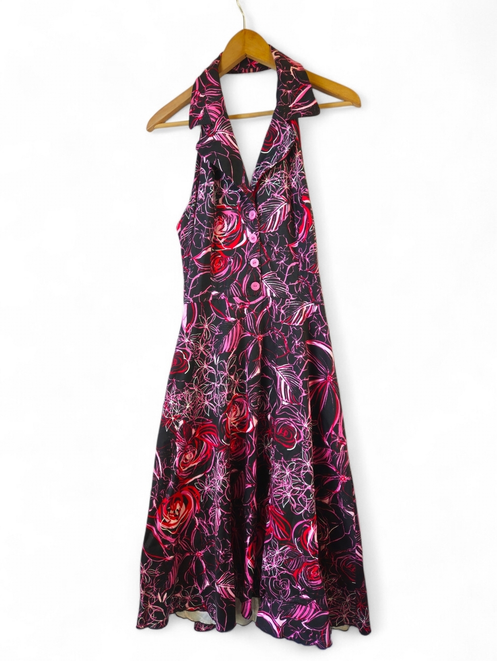 Alyn Paige 90s Y2K Black and Pink Floral Patterned Halter Dress 11/12